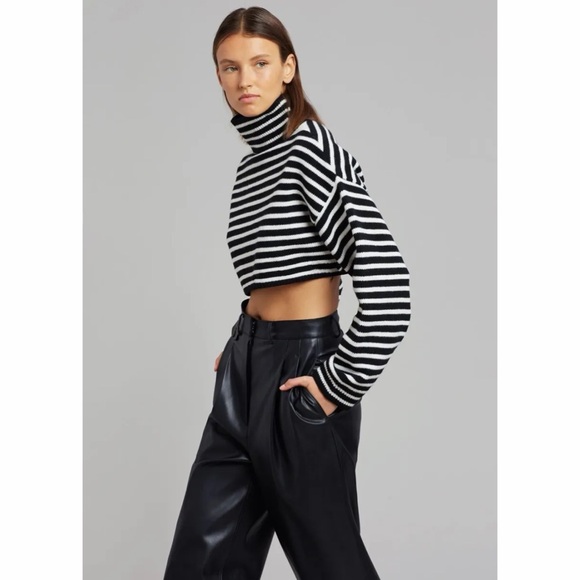The Frankie Shop Athina Wool Cropped Turtleneck Sweater in Black Stripe Size M/L - Picture 6 of 14
